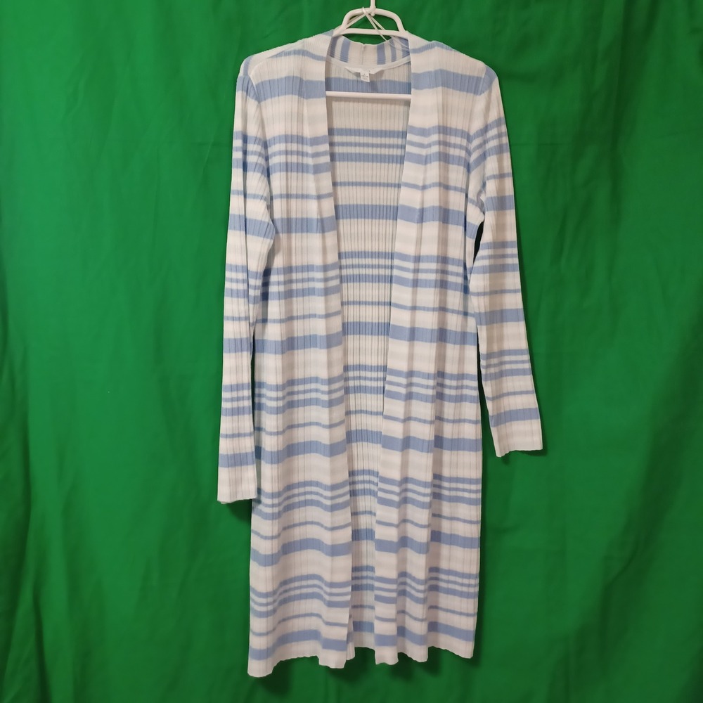 Time and Tru Blue White Striped Ribbed Duster Cardigan Sweater Women Large 12-14